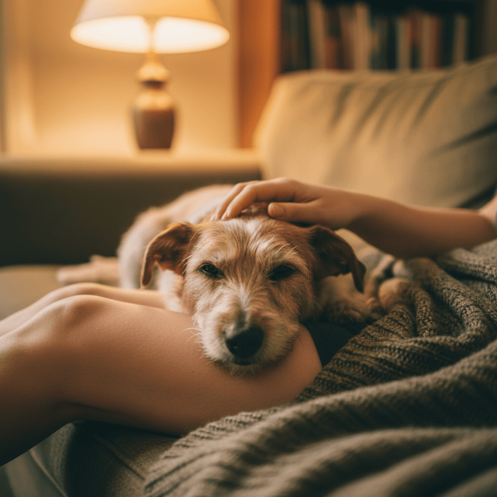 Close-up of a terrier mix resting its head on a person's knee on a couch