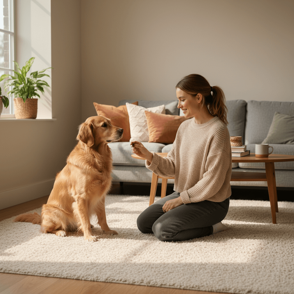 Trainer kneeling beside a Golden Retriever in a sunlit living room