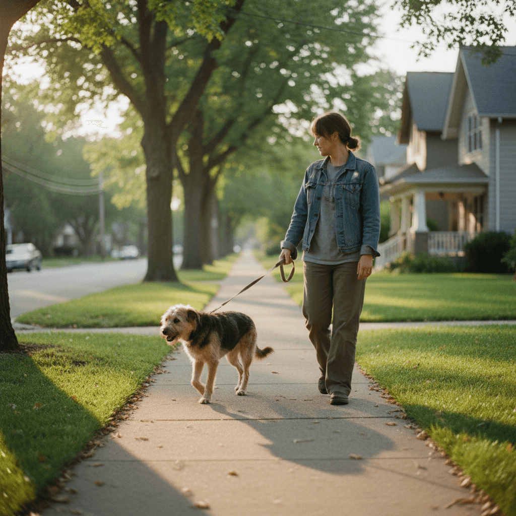 Person walking a mixed breed dog on a loose leash in a residential neighborhood