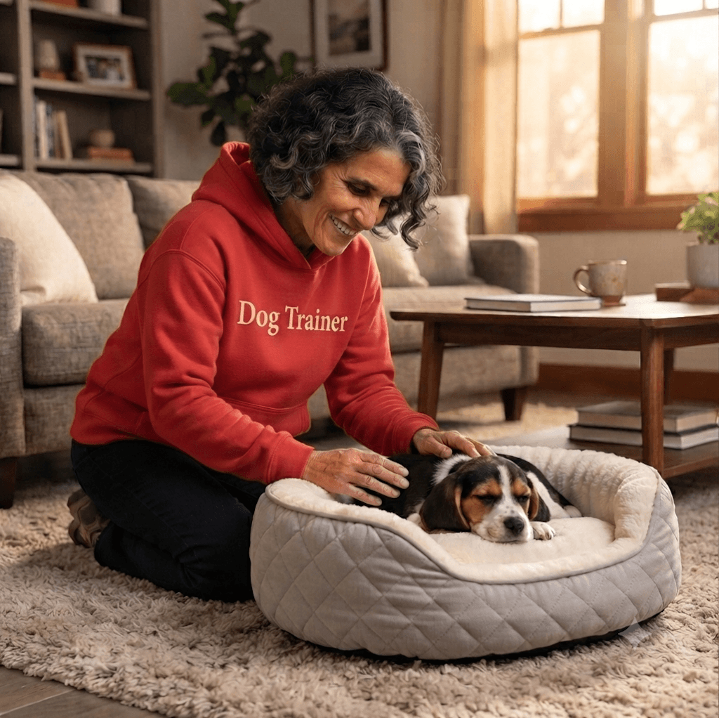 Smiling dog trainer in a red hoodie pets a beagle puppy sleeping in its bed.